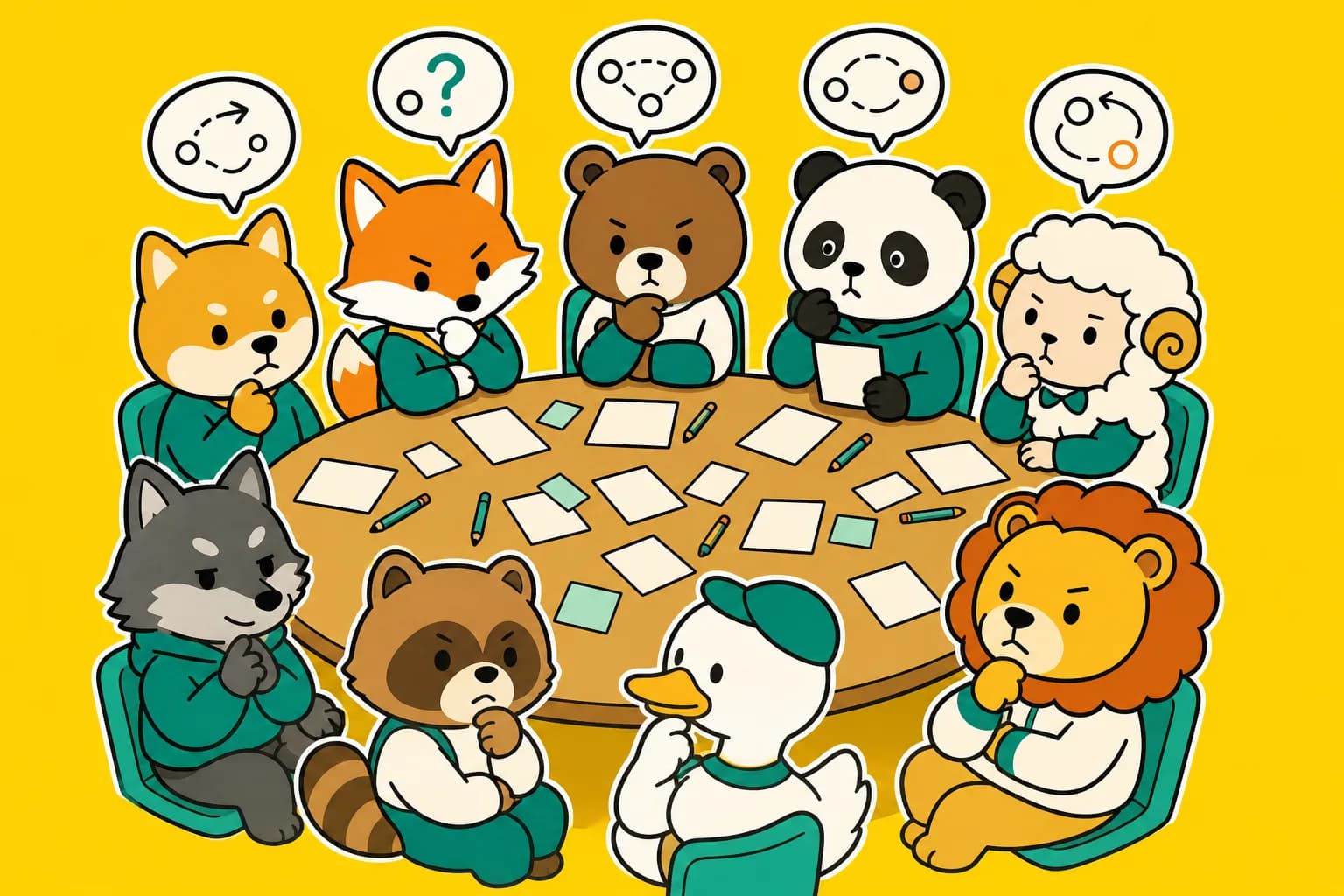 9匹の動物が円卓で真剣に推理している人狼のイラスト