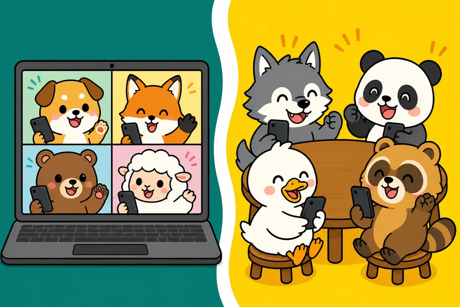 オンライン通話と対面のテーブルでスマホを使って人狼ゲームを遊ぶ動物たちのイラスト